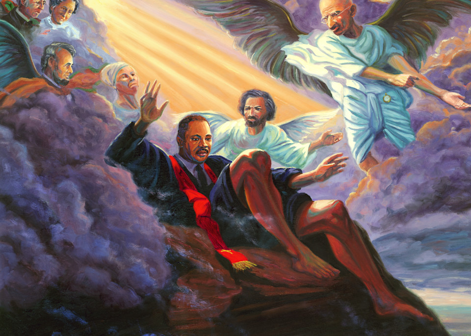 Allegorical oil painting of Martin Luther King Jr. looking over the Promised Land by Steve Simon