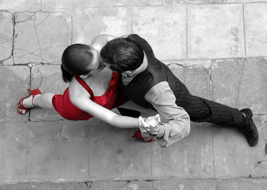 Couple dancing Argentinian Tango, viewed from above in a fine art photograph
