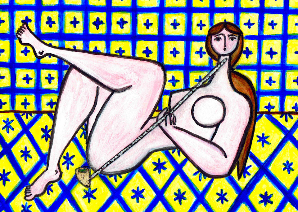 Nude with Pipe in Yellow and Blue Interior Painting by Wet Paint NYC Artist Paul Zepeda
