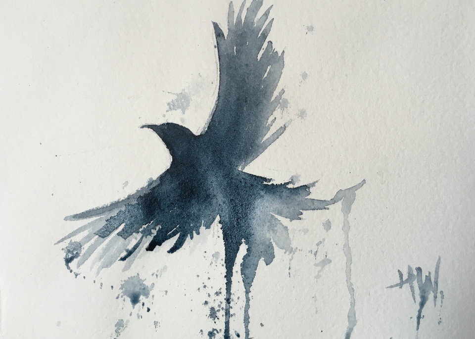 Crow in flight watercolor painting