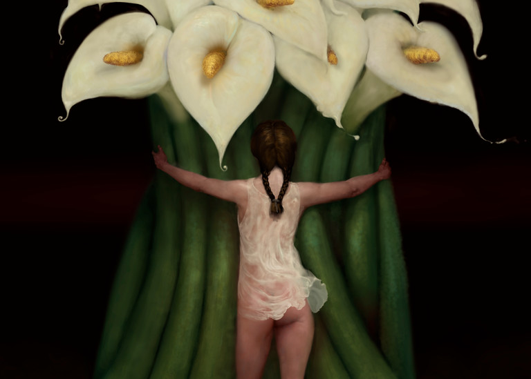 “LILY,” by Burton Gray; Mexican lady hugging calla lilies.