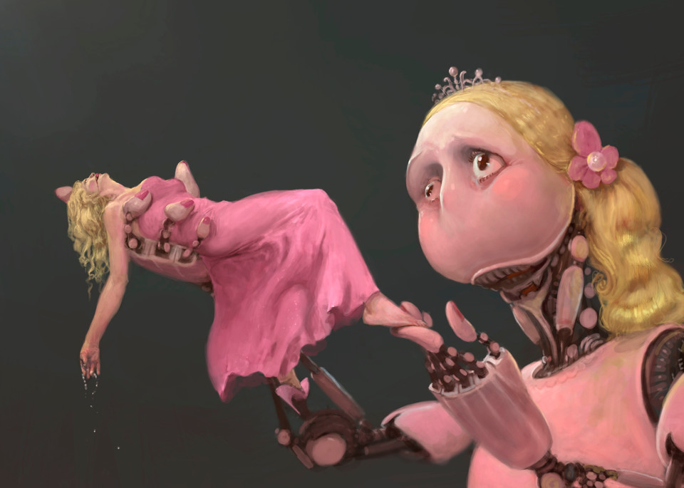 Burton Gray’s painting, “Broken Barbie,” a pink robot who broke her Barbie.