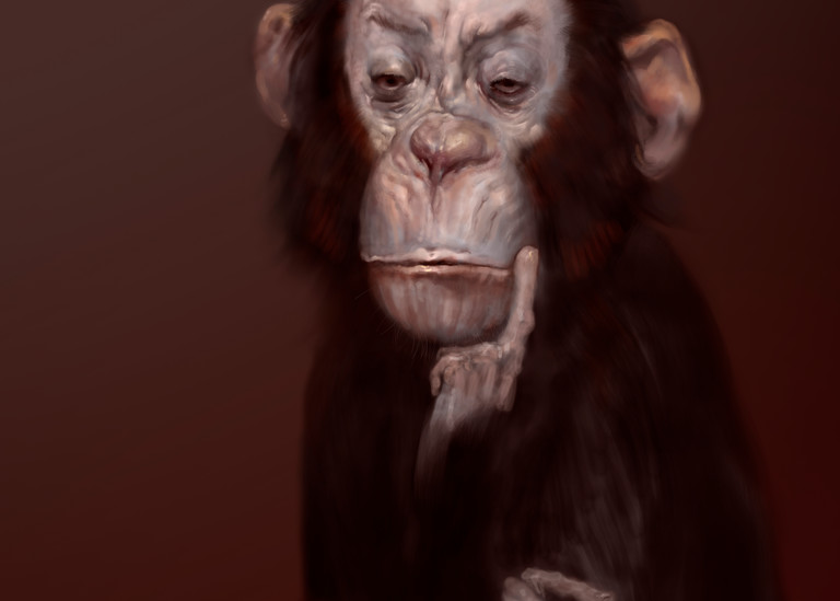 Burton Gray’s “ALLENE,” painting of a thinking monkey.