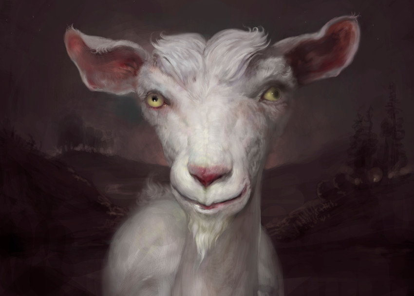 Burton Gray’s “MEHRBY,” painting of a quirky goat.
