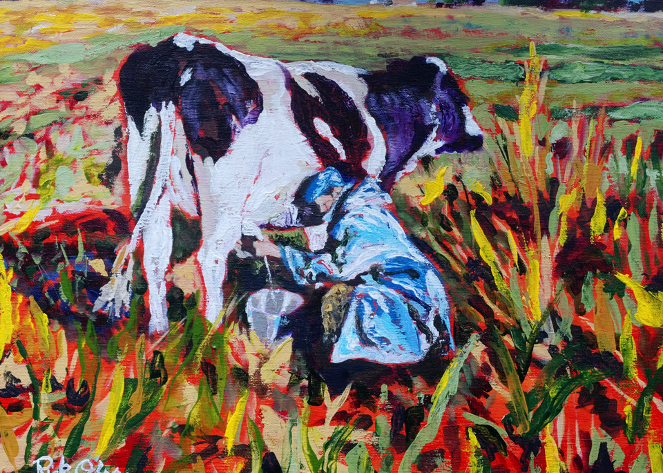 Milknificent Cow Print | Painting of Black and White Cow Being Milked