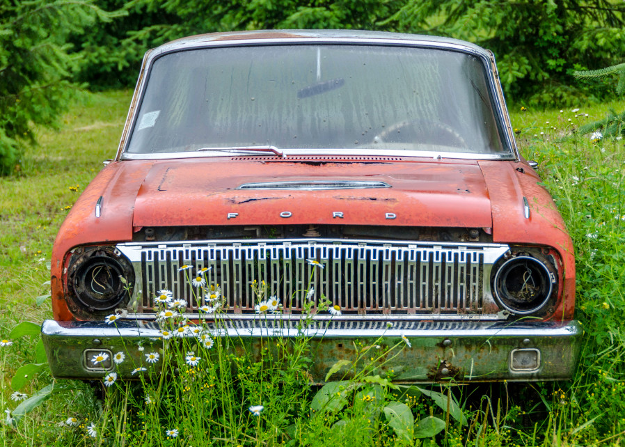 old red ford in grass field with flowers