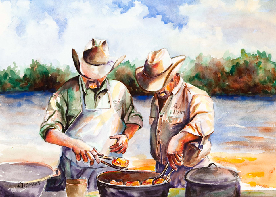 Fine art print of two cowboys cooking
