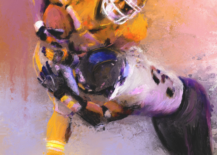 Football paintings and art prints of airborne tackling action