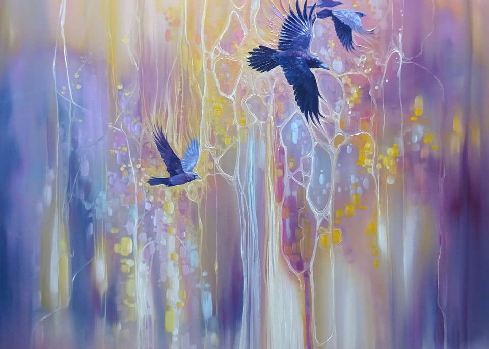 messengers of the gods winter abstract with crows painting