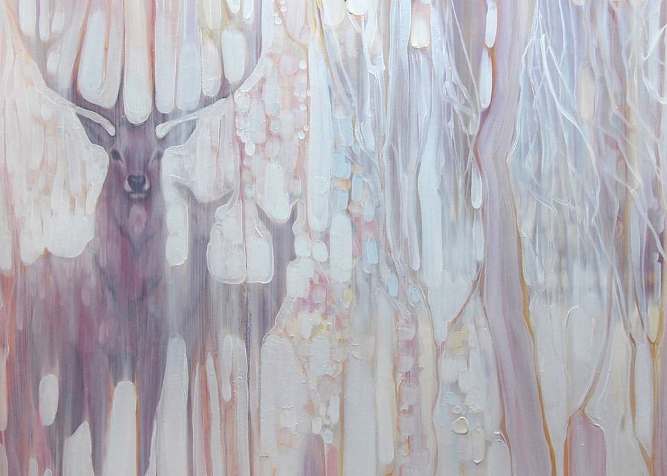 Spirit Guides a white painting with deer in winter landscape