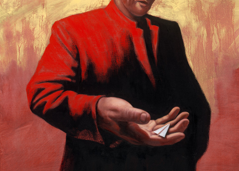 Man in Red Coat - Paper Airplane series painting on canvas by Paul Micich - for sale at Paul Micich Art