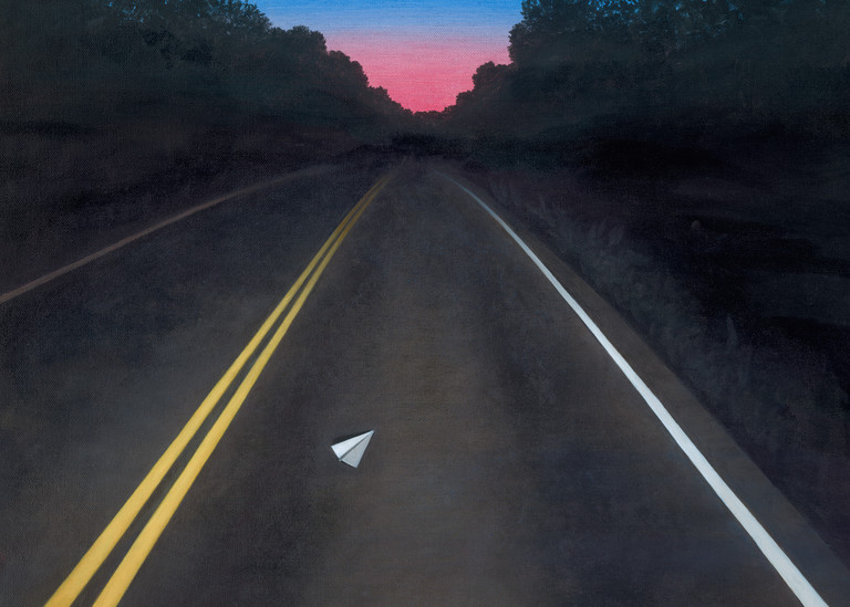 Dawn Road - Paper Airplane series painting on canvas of night road and morning sky by Paul Micich - for sale at Paul Micich Art