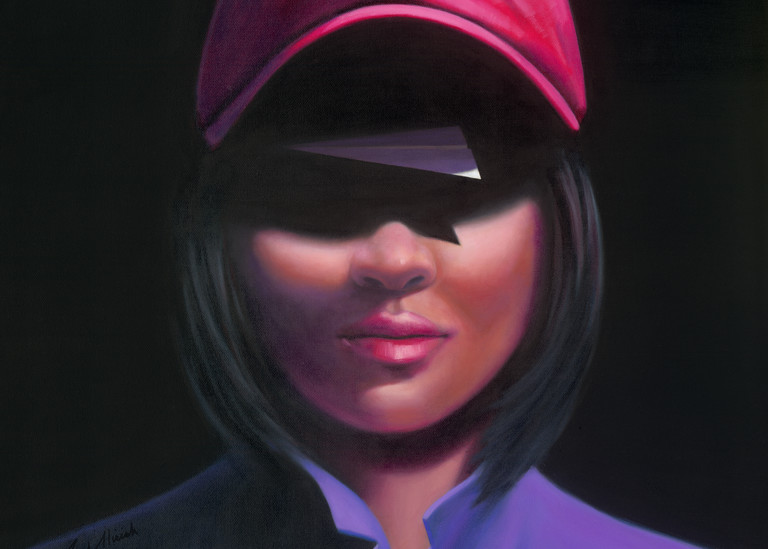 Pink Hat - Paper Airplane series painting on canvas by Paul Micich - for sale at Paul Micich Art - Never underestimate the woman in the pink hat