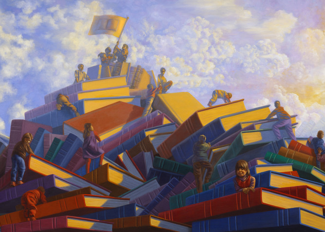 Book Mountain surreal children's storytelling mural painting and fine art prints - For Sale by Paul Micich Art
