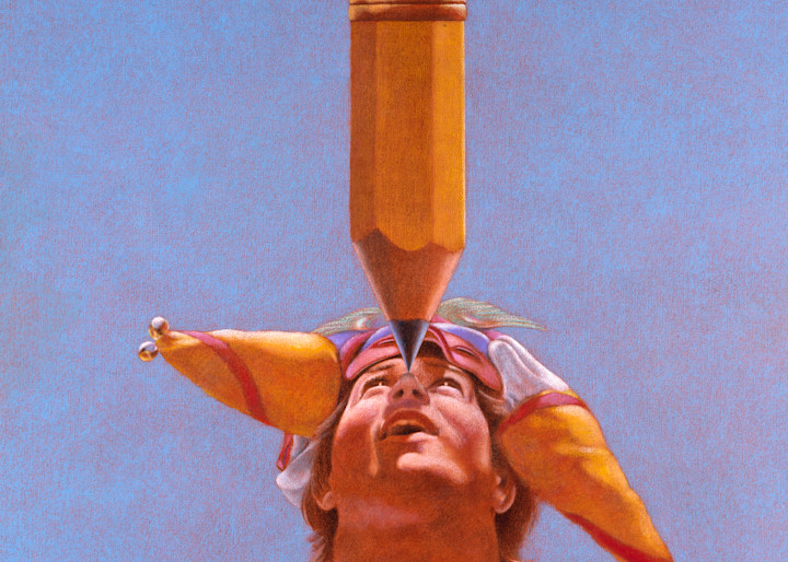 Jester - Surreal Storytelling painting of Jester balancing Huge Pencil on his nose - For Sale at Paul Micich Art