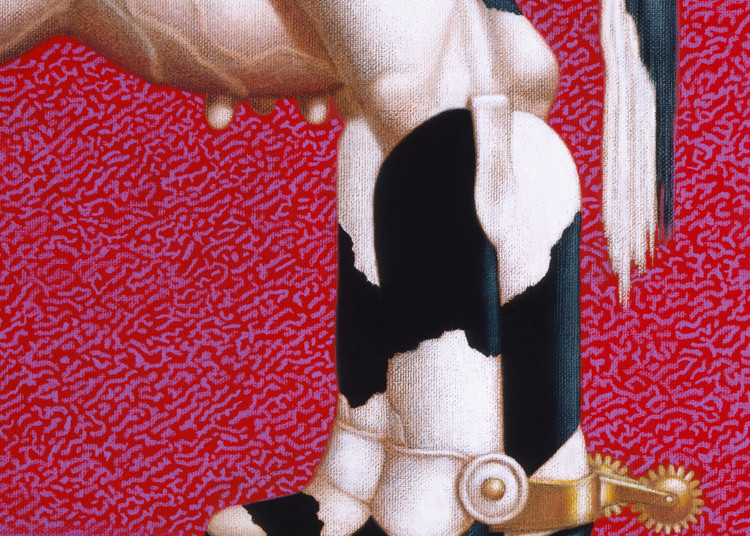 New Breed - Flamboyant Colorful Surreal Storytelling Painting of Holstein Cow in Cowboy Boots - For Sale at Paul Micich Art