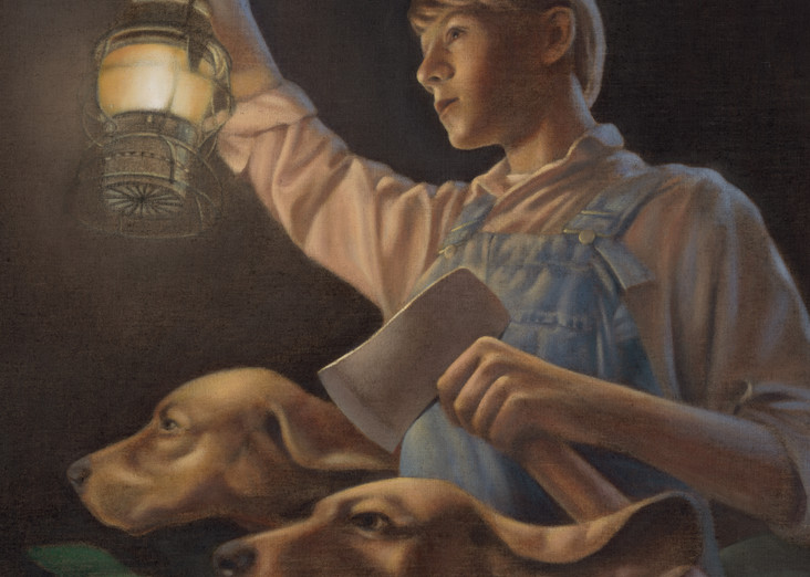 Where the Red Fern Grows - written by Wilson Rawls - inspirational painting of farm boy in overalls with lantern and Red Bone Hound dogs for book cover by Paul Micich