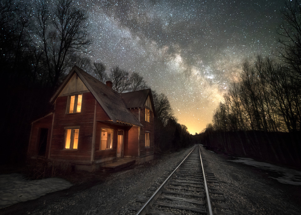 Abandoned Bodfish House with Milky Way and train tracks