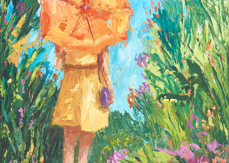 Girl under orange umbrella, spring rain