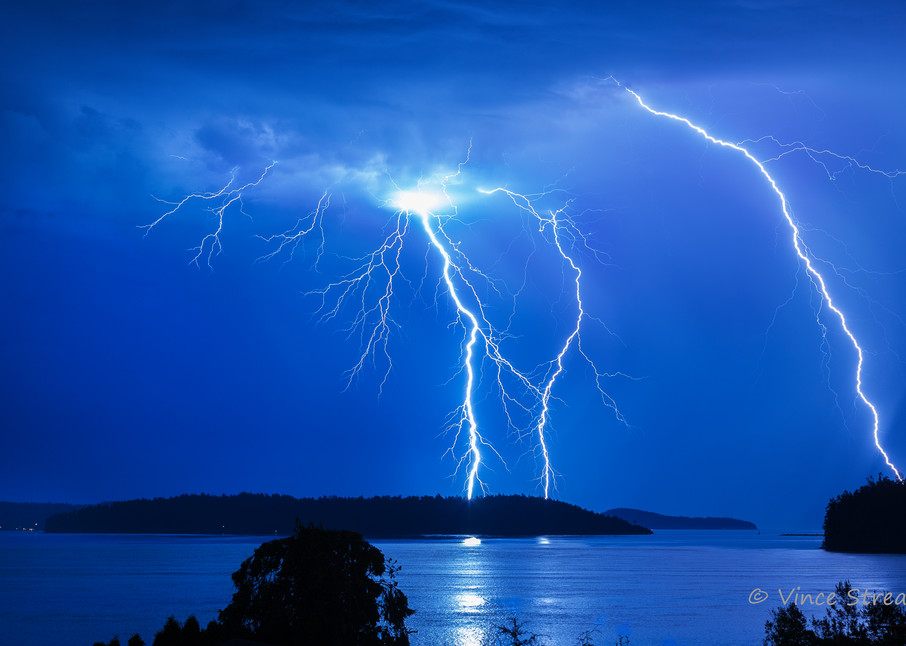 Fine art prints of a lightning strike over Skagit Bay, WA
