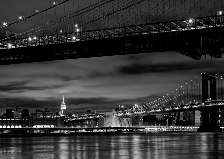 Two Bridges - Brooklyn Manhattan Bridge Brooklyn New York City NY USA Black & White | Cityscape