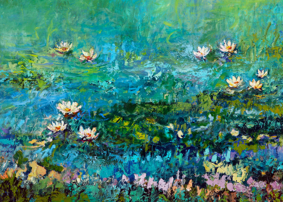 Pond painting showing light reflecting off the water with delicate water lilies on the surface. 