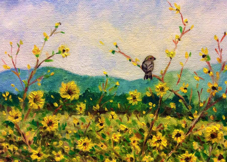 Chickadee in the Sunflowers Fine Art Print by Hilary J. England