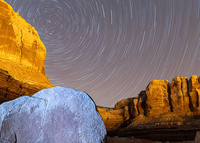 Spiral Petroglyph With Star Trail Photography Art | marcyephotography