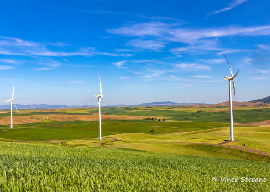 Palouse wheat fields share the landscape with wind towers