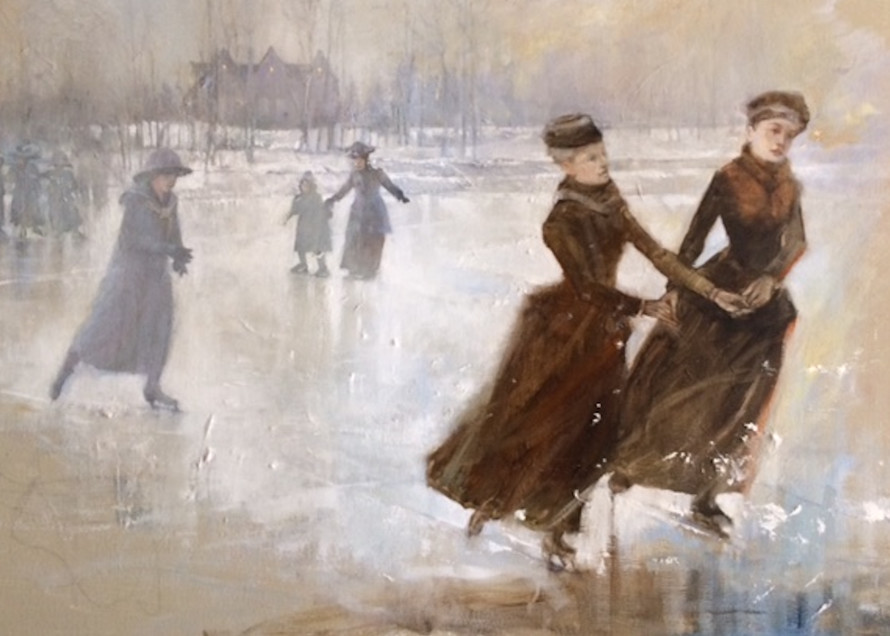 Oil painting of ladies skating on a pond in vintage dress.