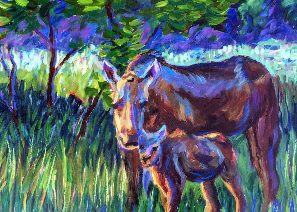 Moose Cow And Calf   Alaska Art Print Art | Amanda Faith Alaska Paintings / Estuary Arts, LLC