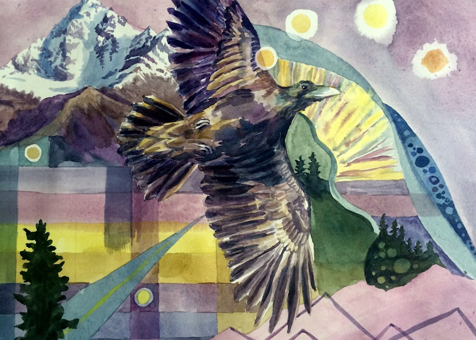 Raven At Summer Solstice   Alaska Original Art Art | Amanda Faith Alaska Paintings / Estuary Arts, LLC