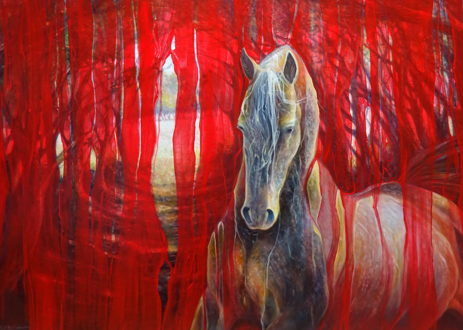 print on canvas and paper of contemporary red oil painting of beautiful gold Arabian horse against an abstract bright red background.