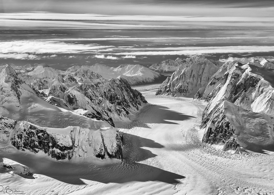 Aerial of the Ruth Glacier and The Great Gorge on Denali (Mt. McKinley) in Denali National Park in Southcentral Alaska. Autumn. Morning.