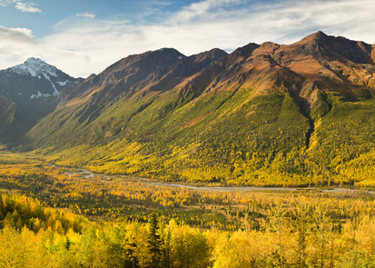 Composite panorama of Polar Bear and Eagle Peaks and Hurdygurdy Mountain overlooking Eagle River Valley in Chugach State Park in Southcentral Alaska. Autumn.