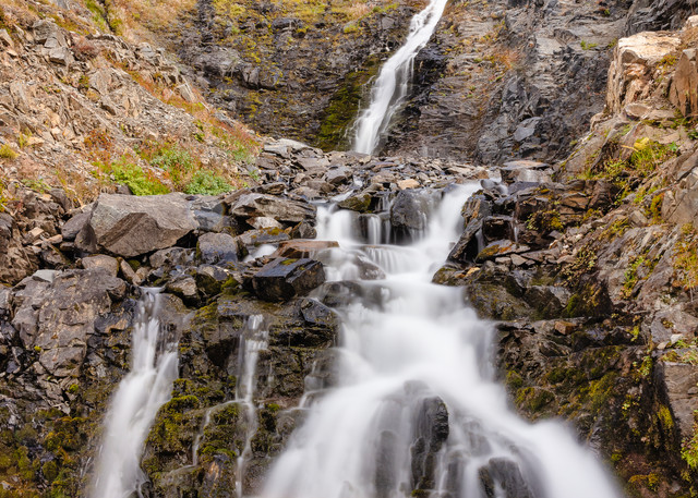 Long exposure of waterfall in Palmer Creek Valley in Southcentral Alaska. Fall. Afternoon.