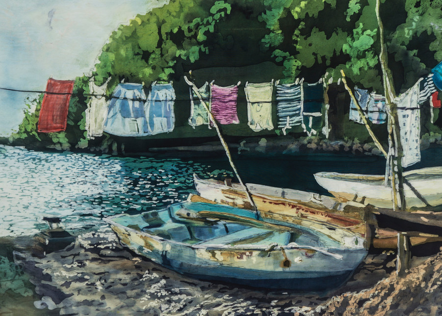 "Wash Day: St. Lucia" a batik painting on silk by artist Muffy Clark Gill. It measures 26 x 34 in