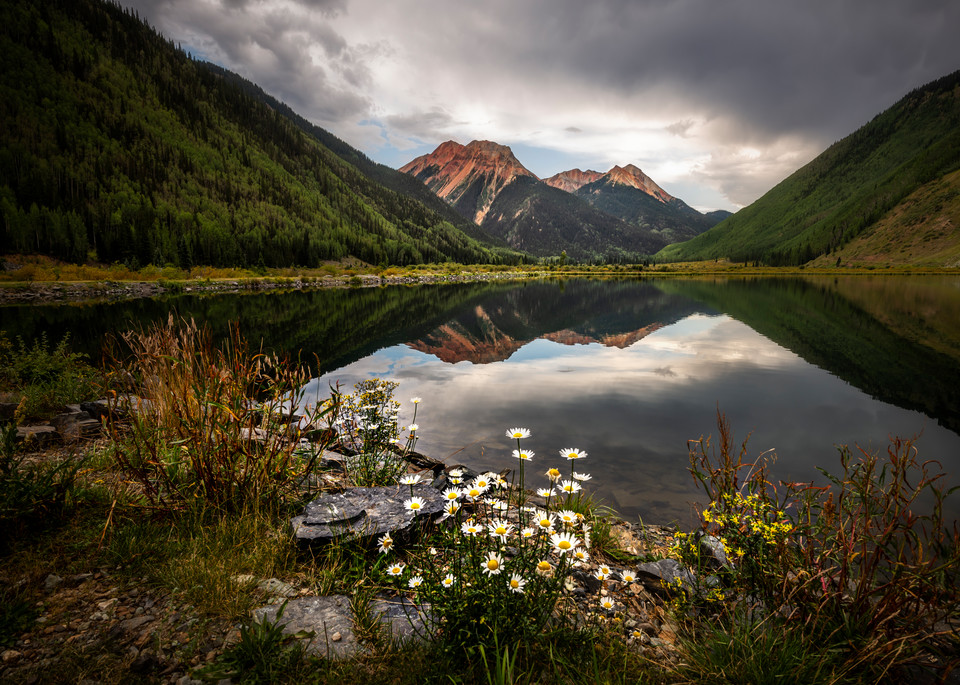 Red Mountain Reflection in Crystal Lake. Late summer scene of Crystal Lake in the San Juan Mountains of Colorado by fine art photographer Mike Taylor of Taylor Photography.