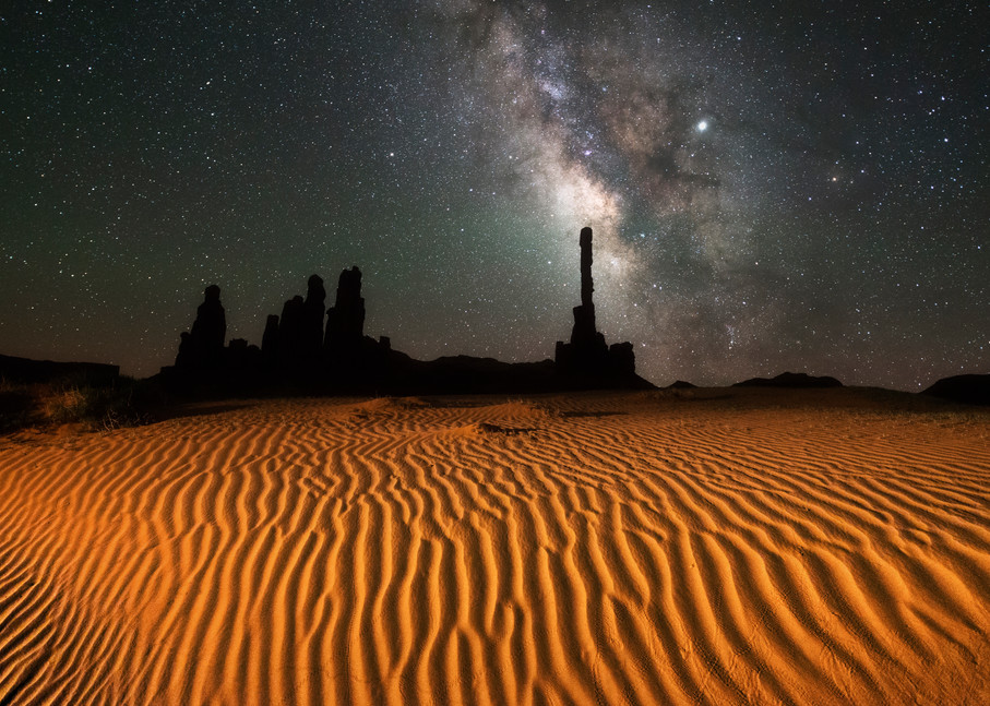 Monument Valley's Totem Pole at night. Wind-rippled sand, milky way, dark sky, Navajo sacred site by Mike Taylor of Taylor Photography.