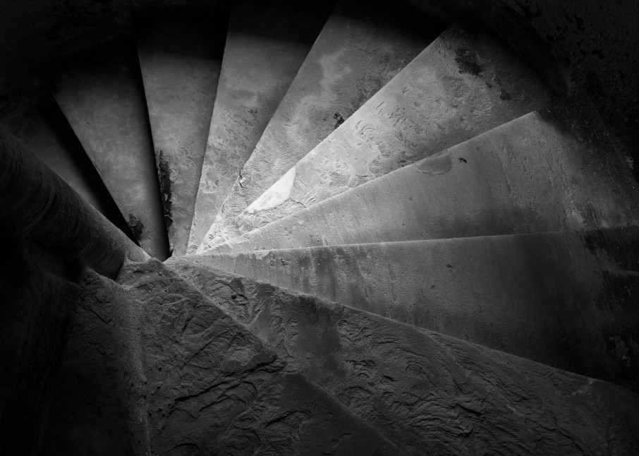 B&W Image of Tower Steps, Linlithgow Palace, birthplace of Mary, Queen of Scots, Scotland
