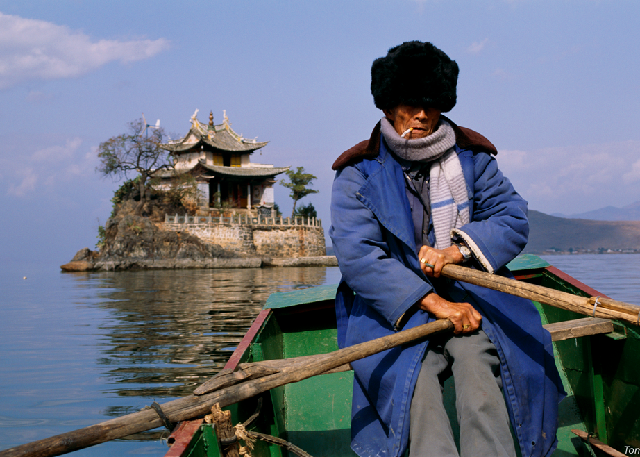 Rowing To Temple, Dai Lake, China, 1992.  Photography Art | Tom Stahl Photography