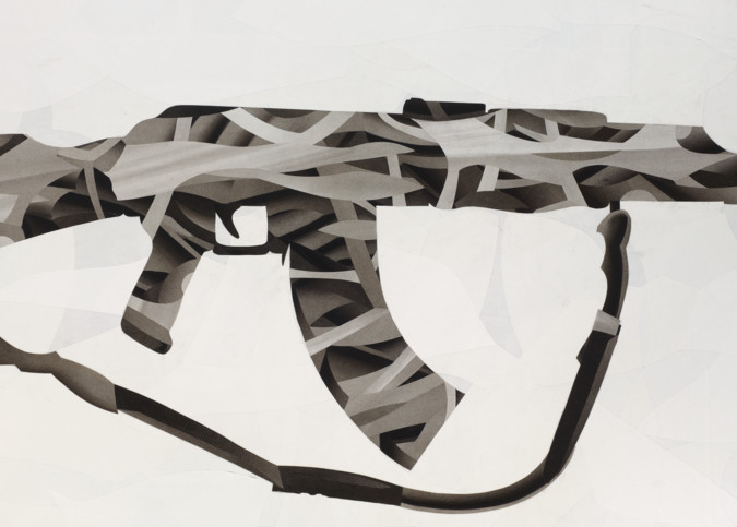 AK 47 gun abstract art - black and white collage by Daniel Voelker.