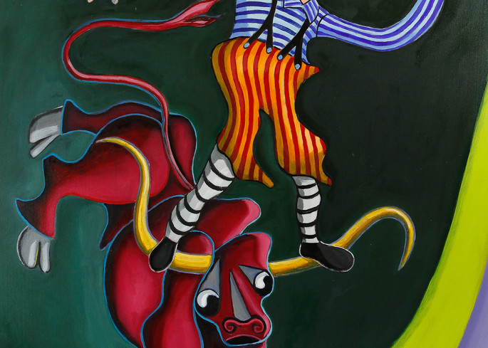 Rodeo Clown On The Horns Of Dilemma The Bull  Art | Dave Lambeth Fine Art