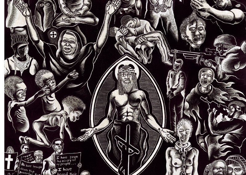 black and white, Jesus, scratchboard, oppressed, 