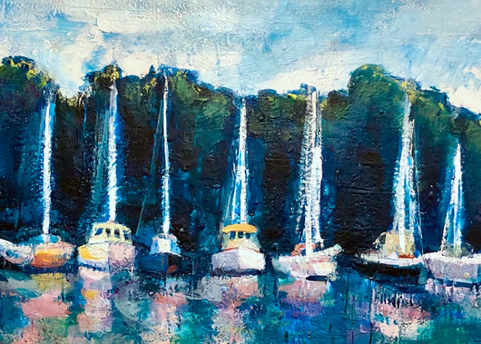 High quality prints ordered by you, fulfilled through printing service and delivered directly to you. This image is "Joyride 35 Annapolis Boats" Shipyard painted by Monique Sarkessian. Gorgeous lush boats. Painting of boats in Annapolis,Maryland.
