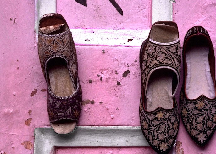 India, Rajahstan, Jaipur, Rajahstani Shoes on the floor of a balcony