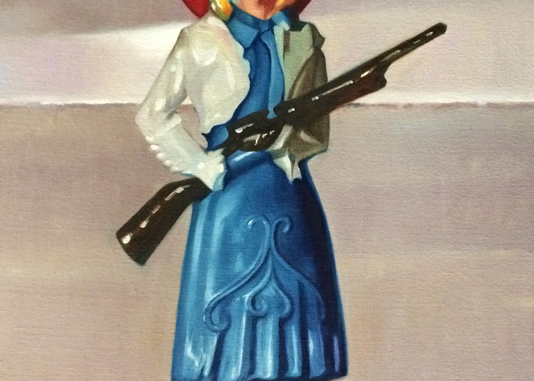 Oil painting of tiny lead figure cowgirl.