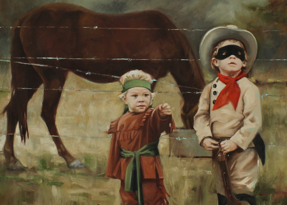 Painting of little boys in cowboy and Indian costumes