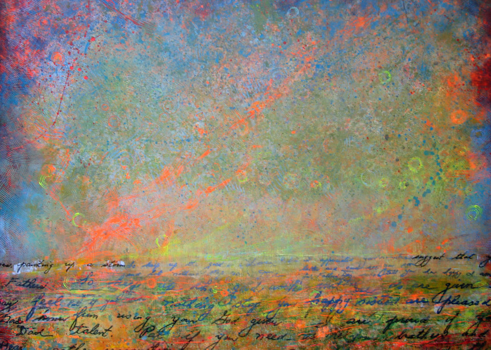 Brightly colored abstracted sky and landscape painting by Patricia Beggins Magers using her father's handwriting. 