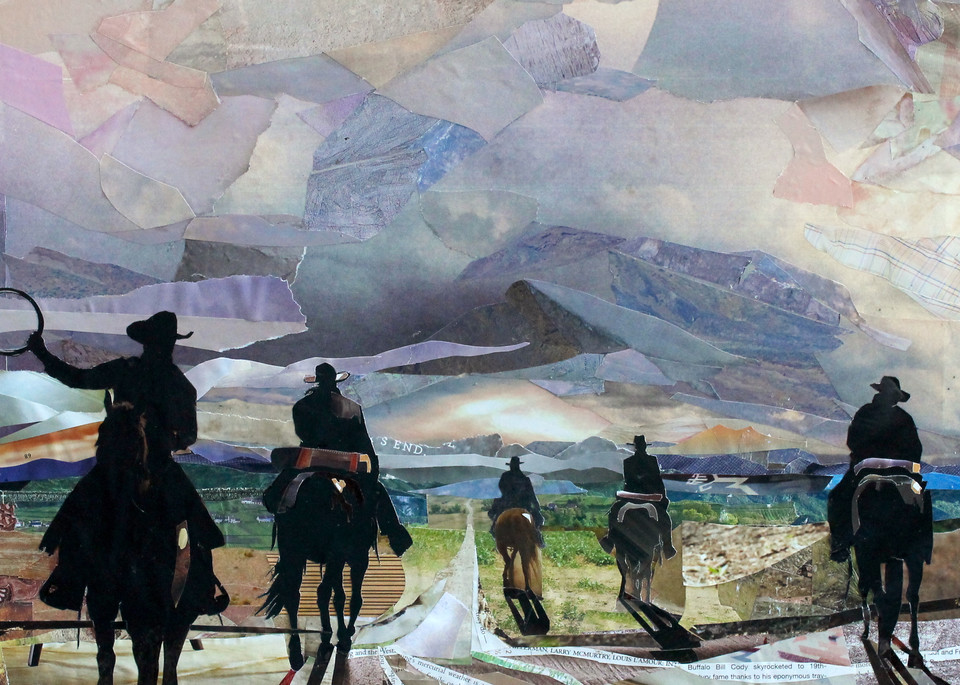 Cowboys on horses fine art print of artwork made from cut paper